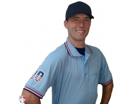 Smitty Umpire Smitty Pro Knit Umpire Shirt - Powder Blue With Red-White-Navy Trim - Image 6
