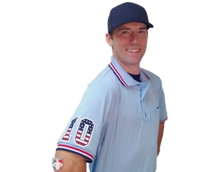 Smitty Umpire Smitty Pro Knit Umpire Shirt - Powder Blue With Red-White-Navy Trim - Image 5